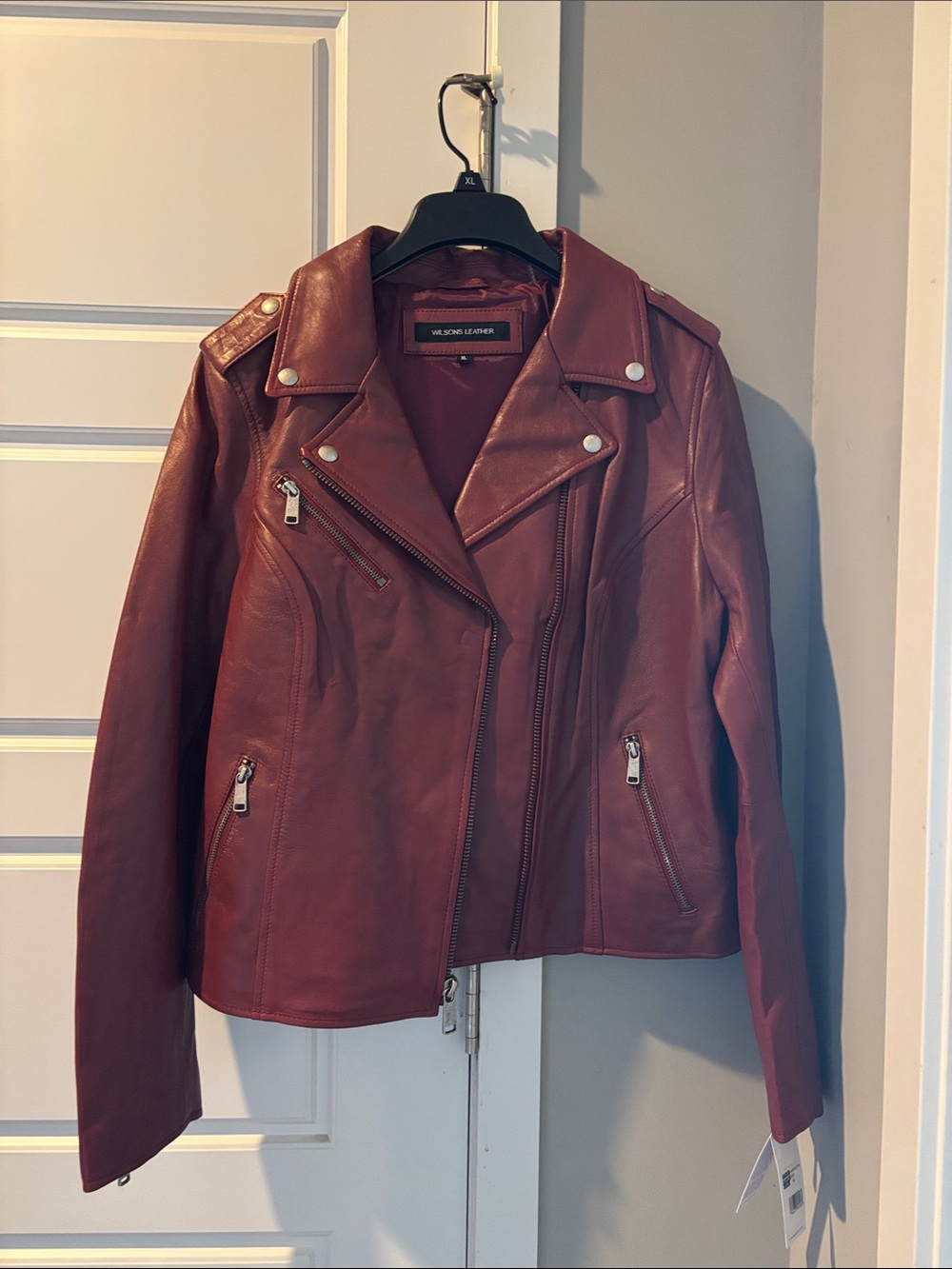 Wilsons Leather Burgundy Moto Jacket with Silver Hardware - Picture 2 of 5